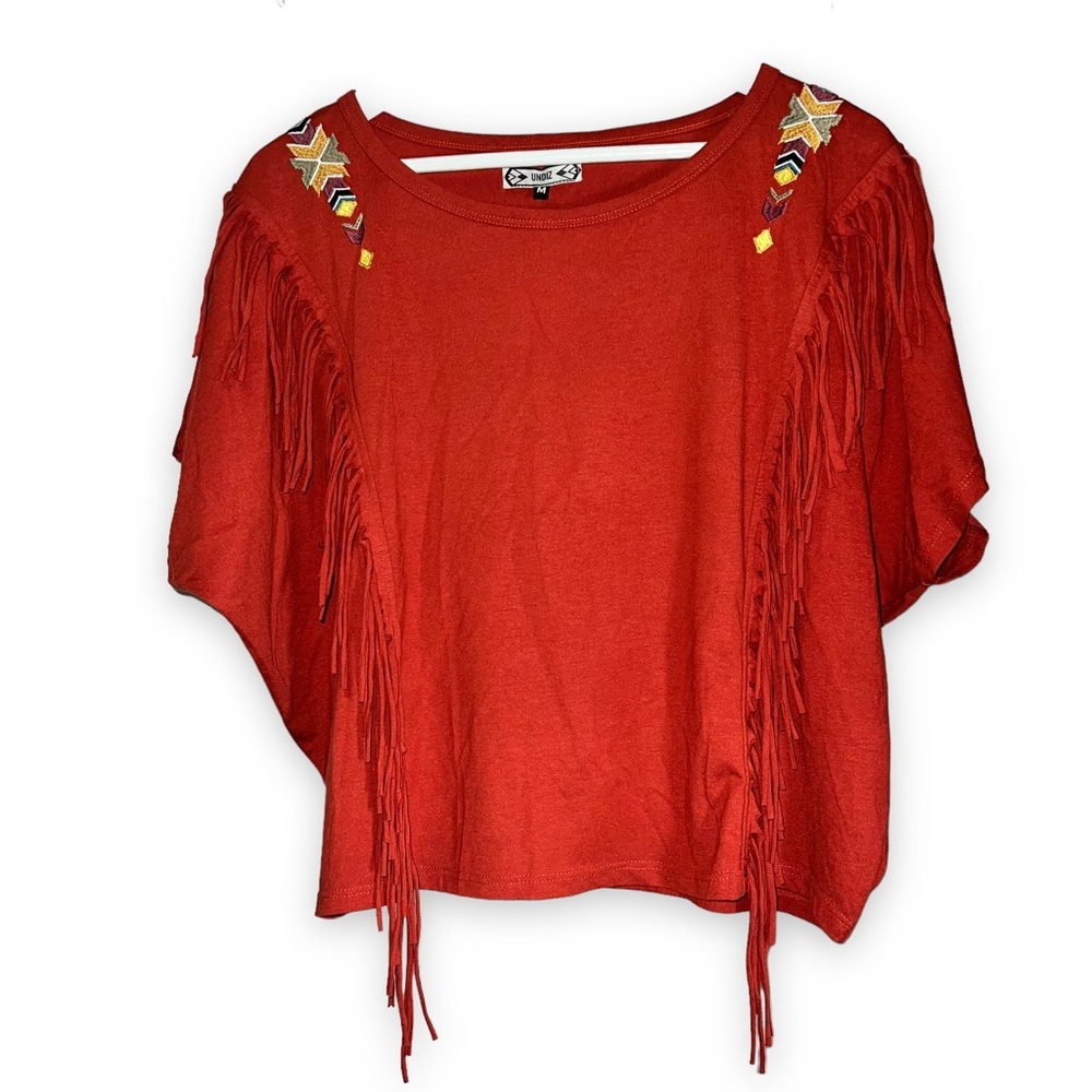 NEW UNDIZ Red/Brown Western Style Dolman Sleeve Oversized T Shirt Women’s Size M